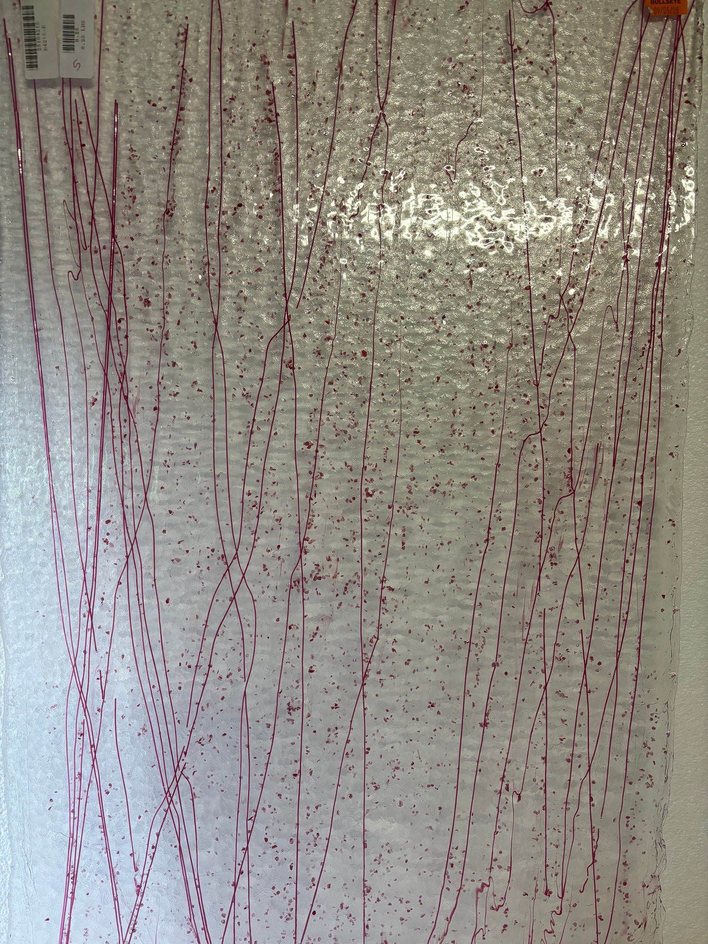10" x 10" Pink Streamer on Clear w/Pink and Cranberry Frit - (Bullseye 4215-0000)