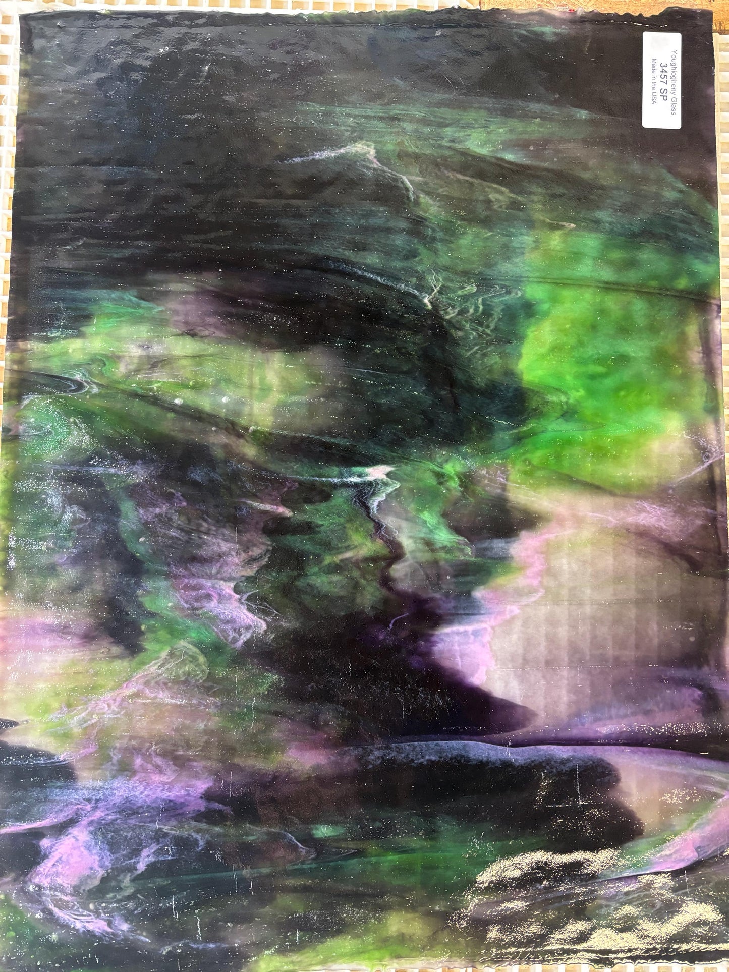 Stained Glass Sheet, 12" x 12" Ice White, Green, Purple and Peach Stipple (Youghiogheny 3457 SP)