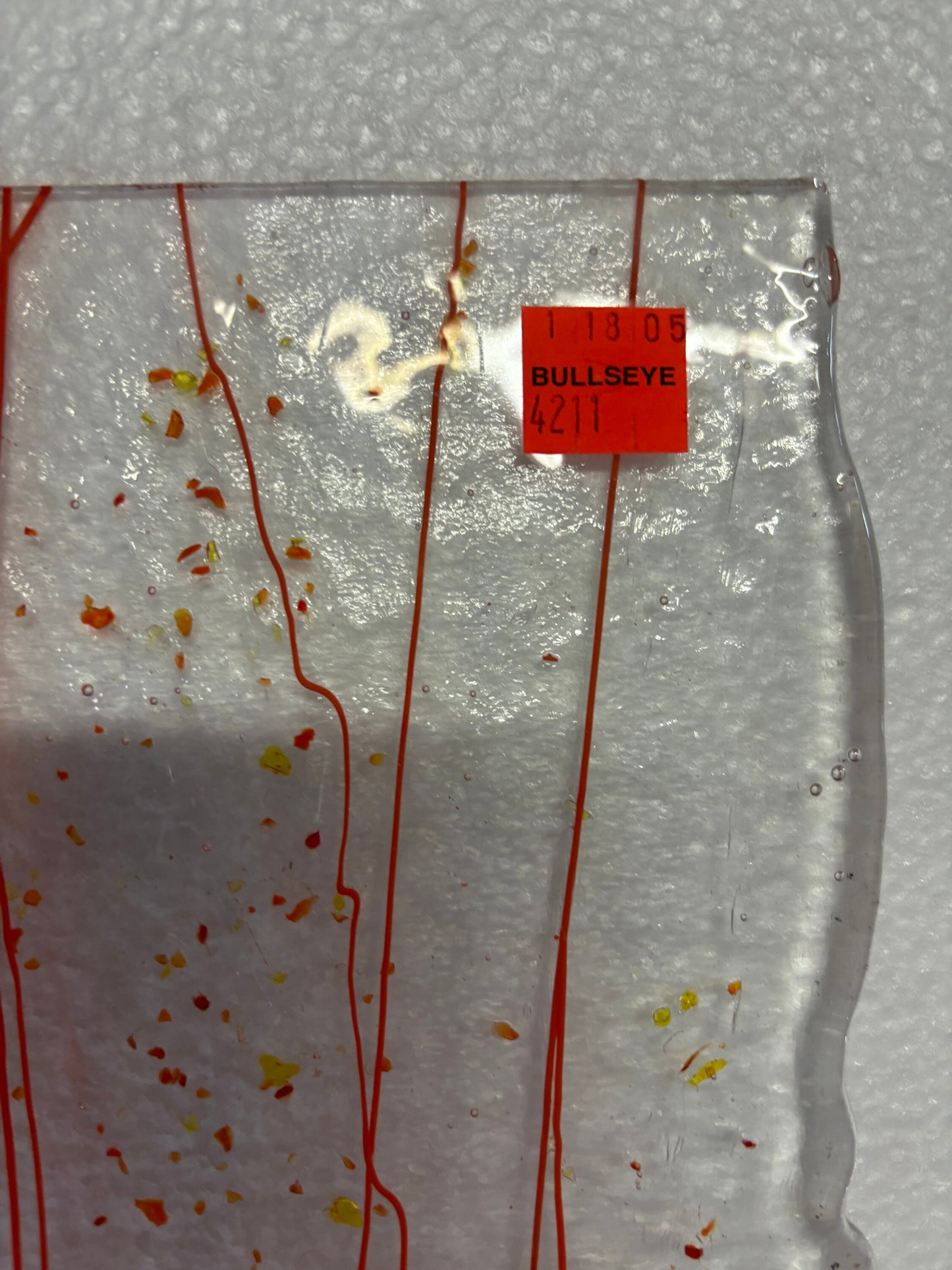 10" x 10" - Clear with Red, Yellow and Orange Frit with Orange Streamers (4211-0000)
