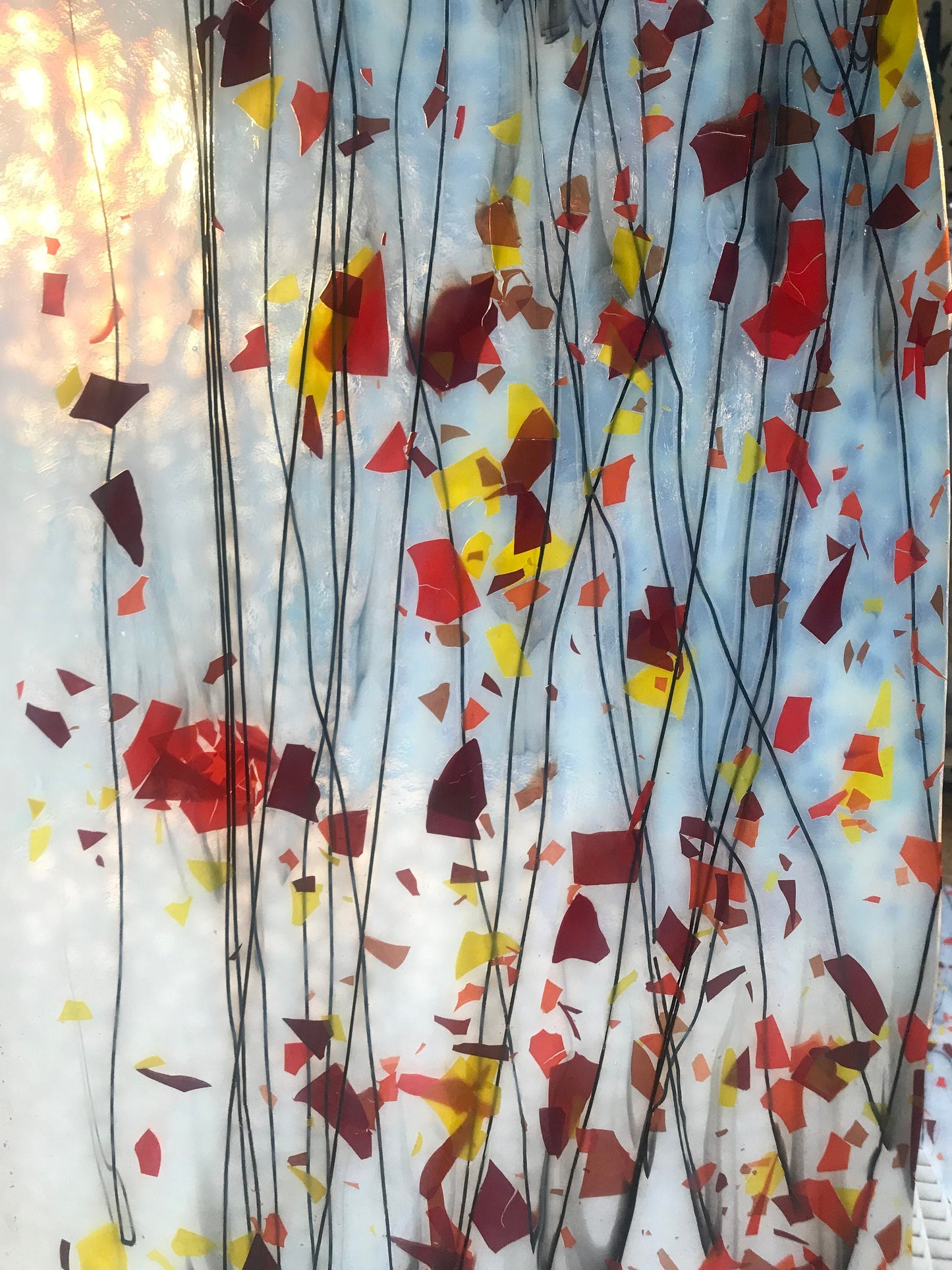 10" x 5" - Bullseye Autumn- White with Red, Orange and Yellow Fractures and Black Streamers (B 4011-0000)