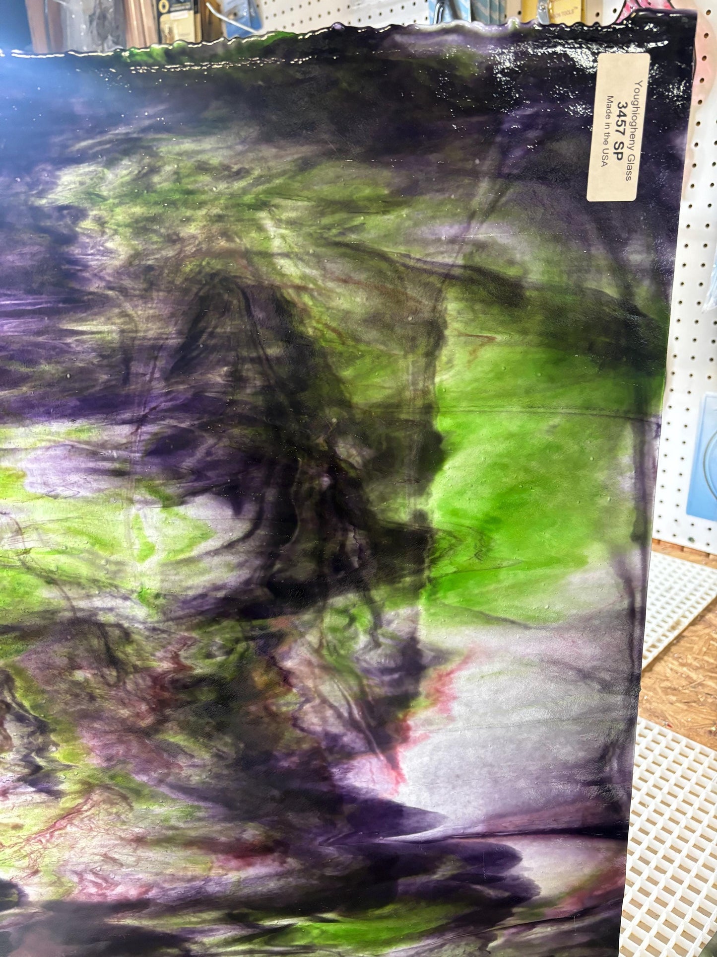 Stained Glass Sheet, 12" x 12" Ice White, Green, Purple and Peach Stipple (Youghiogheny 3457 SP)