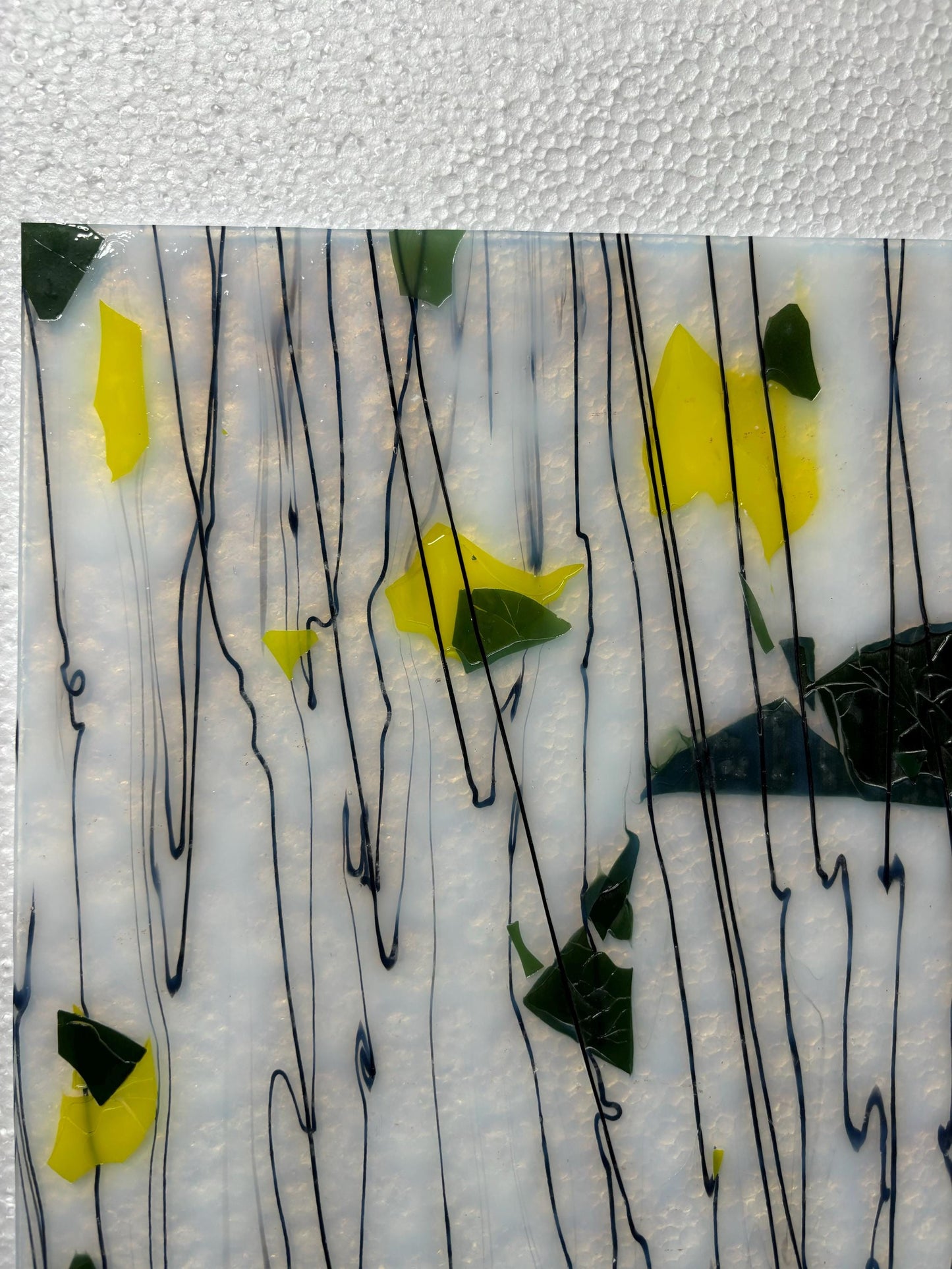 10" x 10” - Summer Green and Yellow Fracture on White w/Black Streamer (Bullseye 4012)