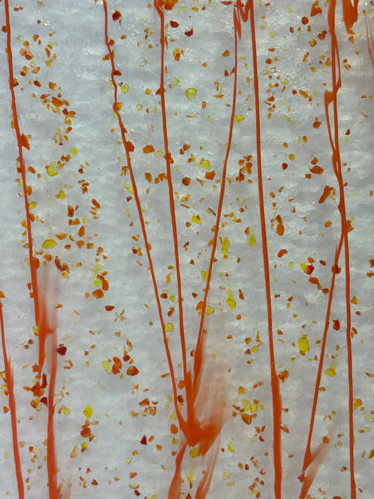 10" x 10"  - Clear with Red, Yellow and Orange Frit with Orange Streamers  (4211-0000)