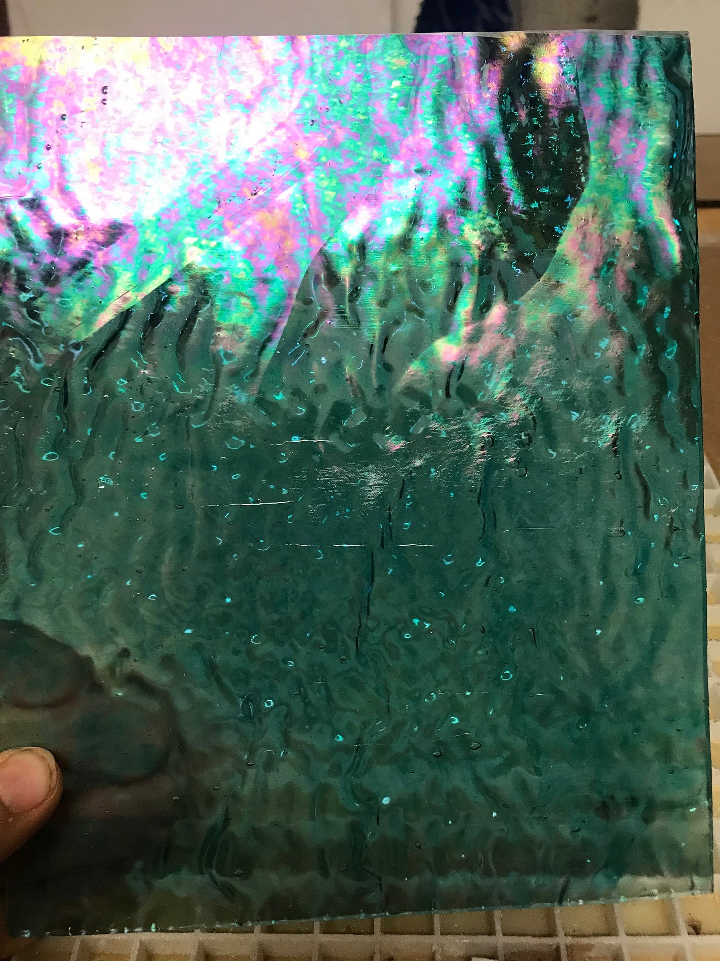 8” x 6"  -   Sky Blue, Clear Transparent Iridescent Ripple (Wissmach 87 LLRIR)