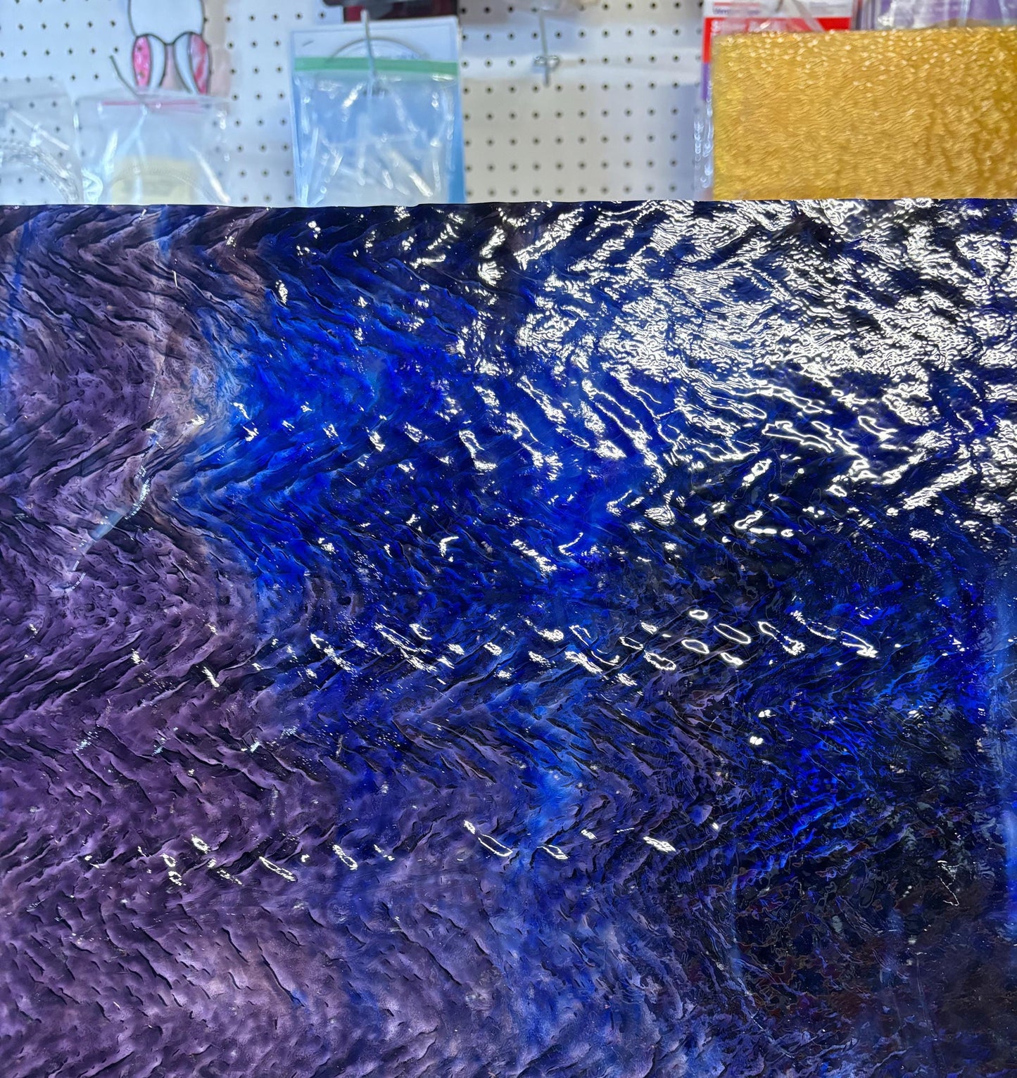 Stained Glass Sheet, 8" x 6"  - Cobalt, Purple, Regatta Blue, White and Clear Herringbone (Uroboros 50-542)